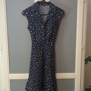 Ann Taylor Petite Polka Dot Dress Navy White Cap Sleeve Workwear Dress OP